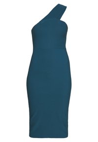 Robe ajustée teal avec une conception à une épaule. Présente des plis texturés sur l'épaule et une texture de tissu lisse. Coupe mi-longue.