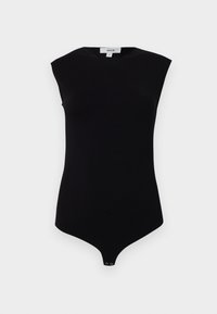 Black sleeveless bodysuit with a high neckline, soft fabric, and snap closure at the bottom. Smooth texture and fitted design.