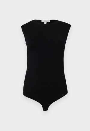 Svart ermeløs bodysuit med høy hals, mykt stoff og trykknapplukking i bunnen. Glatt tekstur og tettsittende design.