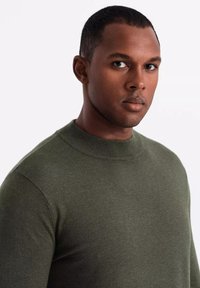 Maglione a maglia verde oliva con collo rotondo, caratterizzato da una texture liscia e maniche aderenti. Design semplice senza motivi o decorazioni.