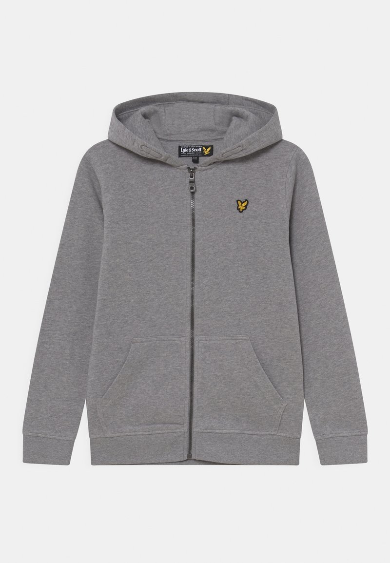 Sweat à capuche gris à fermeture éclair complète avec poches avant, capuche avec cordons et petit logo jaune sur la poitrine gauche.