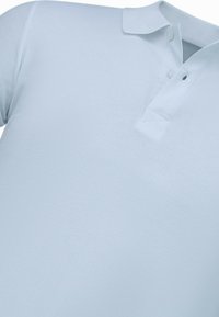 Lichtblauwe poloshirt van gladde stof, met een klassieke kraag, een tweeknoopsluiting en korte mouwen.