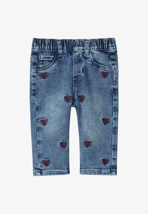 Jeans mit elastischem Bund, verziert mit bestickten roten Schleifen, die über einen ausgewaschenen blauen Stoff verteilt sind, und mit Standardtaschen.