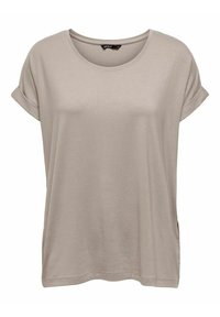 Beige kortærmet t-shirt lavet af blødt stof, med rund halsudskæring og oprettede ærmer, samt sideslids for ekstra komfort.