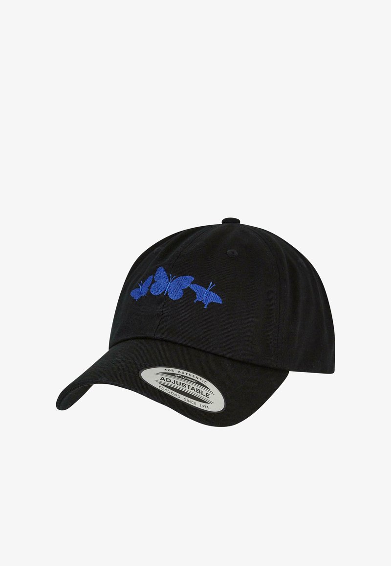 Must mustreperite neegri puuvillased pesapalli müts, mille esiküljel on sinine liblikate tikand, selle taga on reguleeritav rihm ja kumer visiit.