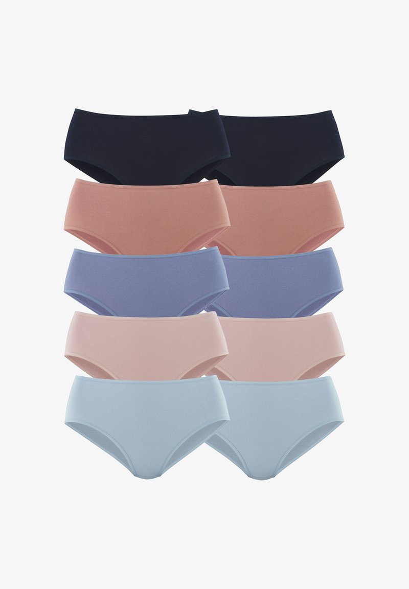Ensemble de sous-vêtements assortis comprenant neuf paires de différentes couleurs : marine, rose, rose clair, lavande et bleu clair. Matière douce, design sans coutures.