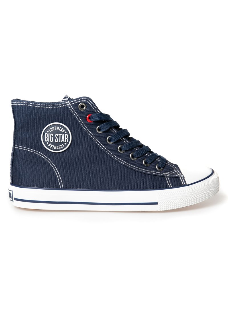 Tenis navy blue tip high-top, fabricat din pânză, cu vârf din cauciuc alb, accente albe și o etichetă logo circulară pe lateral.