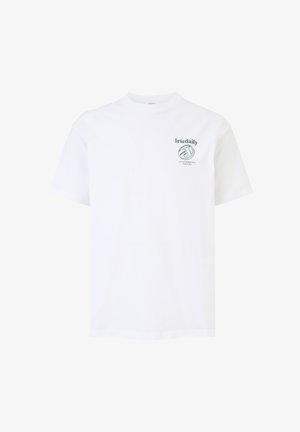 White cotton t-shirt with short sleeves, featuring a small green graphic logo on the left chest and a classic crew neck design.