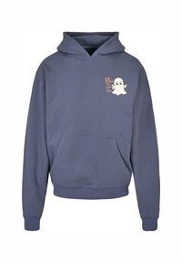 Granatowy hoodie z miękkiego materiału, z kieszenią z przodu, kapturem ze sznurkiem oraz grafiką ducha na lewej piersi z napisem "Boo to You."