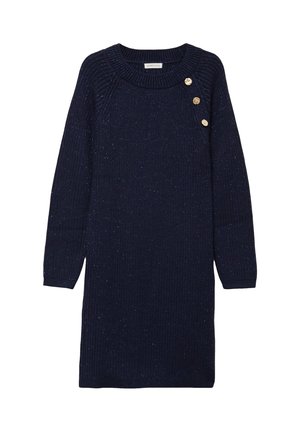 Robe en tricot navy avec manches longues, texture côtelée et trois boutons dorés sur l'épaule gauche.