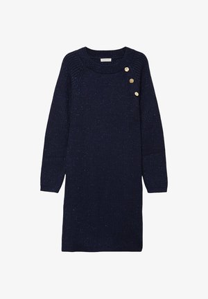 Robe en tricot navy avec manches longues, texture côtelée et trois boutons dorés sur l'épaule gauche.