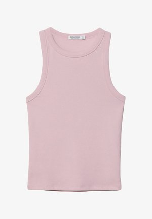 Ružový bezrukávový top vyrobený z bavlny, s okrúhlym výstrihom a prešitými lemami, s jemnou a hladkou textúrou.