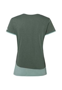 Dames sportshirt met korte mouwen in donkergroen met lichtgroene zoom en mouwafwerking, gezien van achteren op een witte achtergrond.