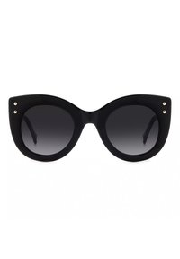 Occhiali da sole neri a forma di occhio di gatto con lenti grigie sfumate. Realizzati in plastica liscia, presentano dettagli metallici vicino alle tempie.