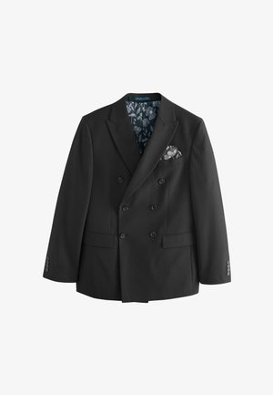 Veste de costume noire croisée en tissu lisse, dotée d'une doublure intérieure à motifs floraux et d'un pochette contrastante.