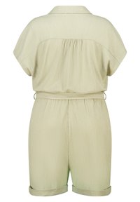 Olijfgroene korte romper met een kraag, een textuurstof, korte mouwen en een geraffineerde taille met een bijpassende riem.