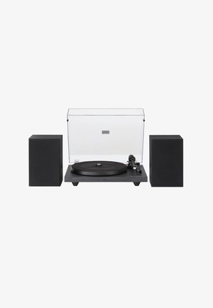 Black turntable with a sleek design, transparent dust cover, and two black square speakers on either side. Features a round platter and tonearm.