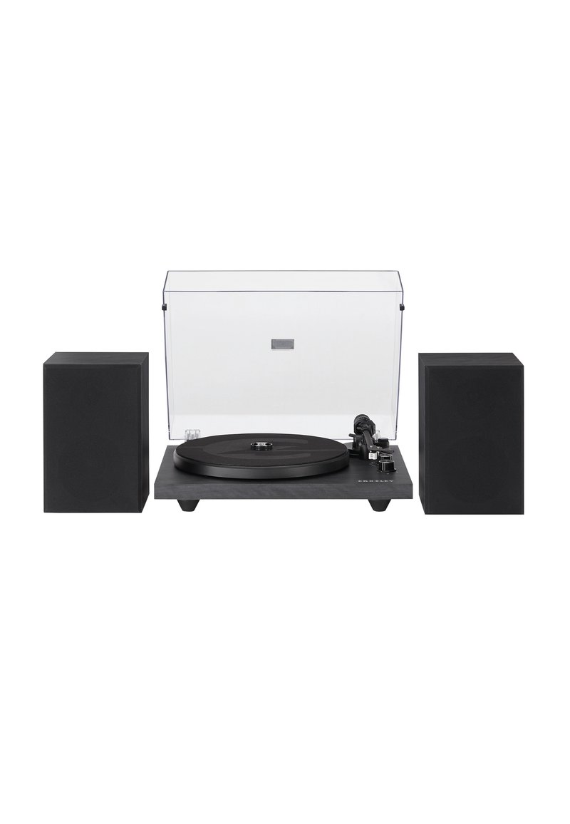 Black turntable with a sleek design, transparent dust cover, and two black square speakers on either side. Features a round platter and tonearm.