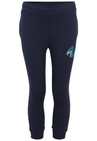 Pantaloni jogger blu navy realizzati in tessuto morbido, con vita elasticizzata e polsini a coste. Include un logo multicolore sulla coscia sinistra.