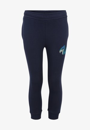 Pantaloni jogger blu navy realizzati in tessuto morbido, con vita elasticizzata e polsini a coste. Include un logo multicolore sulla coscia sinistra.