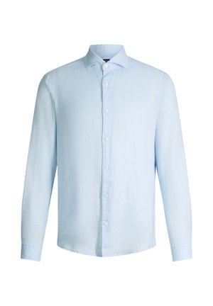 Chemise habillée homme bleu clair à manches longues avec un col pointu et des boutons blancs sur le devant.