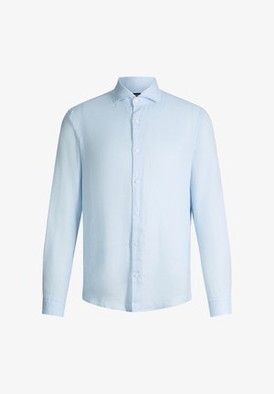 Jasnoniebieska koszula męska z długim rękawem, spiczastym kołnierzykiem i białymi guzikami z przodu.