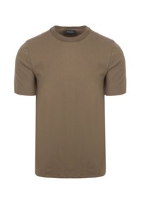 Bruine T-shirt met korte mouwen en een ronde hals. Gemaakt van zachte katoen, met een gladde textuur en een standaard pasvorm. Geschikt voor casual dragen.