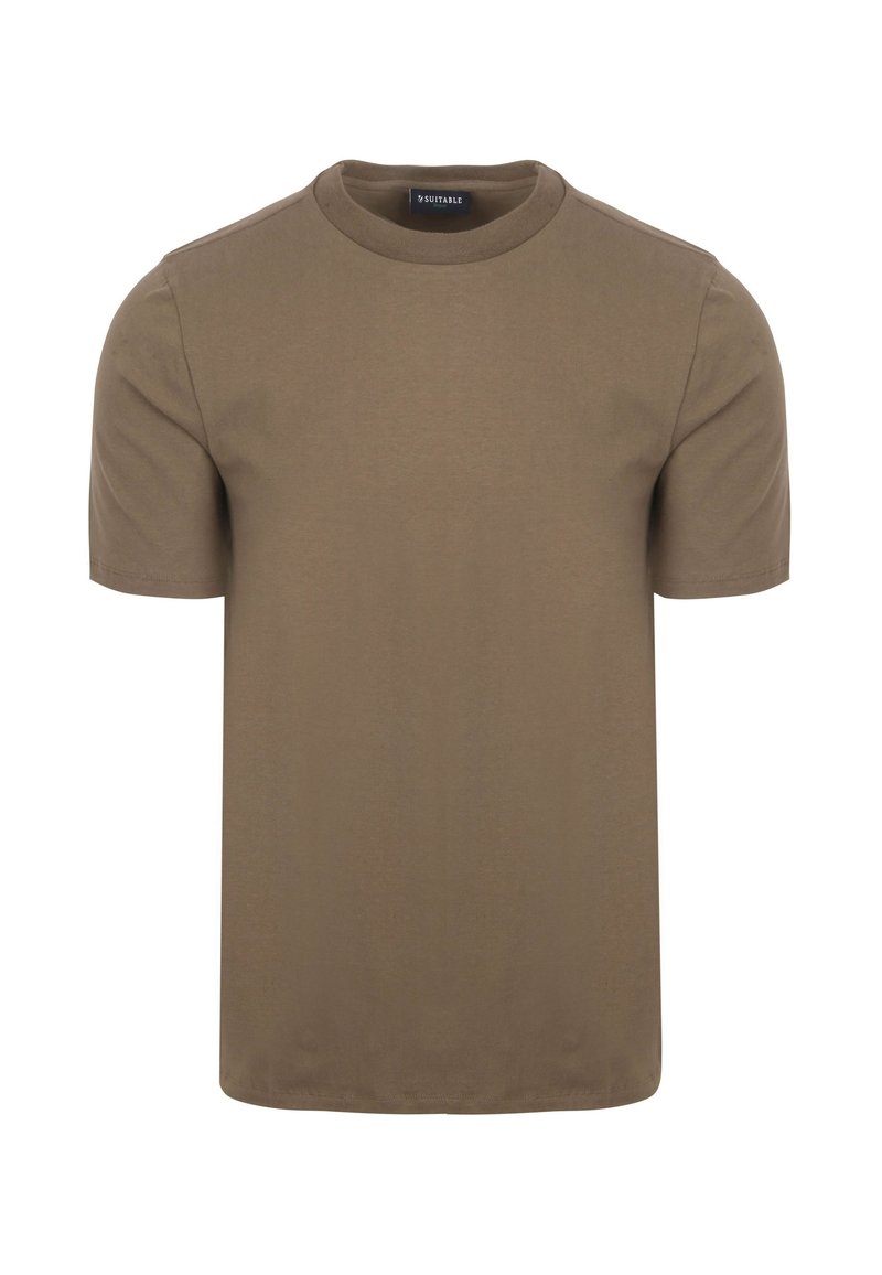 Bruine T-shirt met korte mouwen en een ronde hals. Gemaakt van zachte katoen, met een gladde textuur en een standaard pasvorm. Geschikt voor casual dragen.