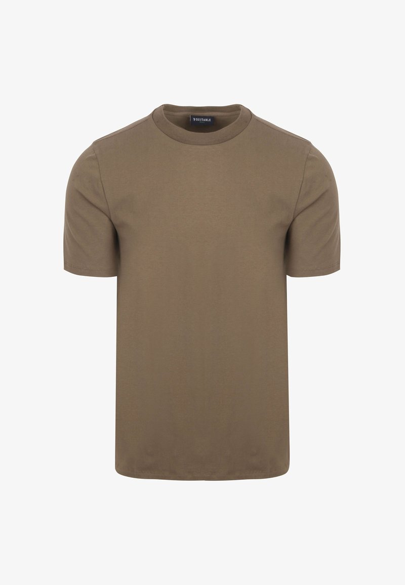 Bruine T-shirt met korte mouwen en een ronde hals. Gemaakt van zachte katoen, met een gladde textuur en een standaard pasvorm. Geschikt voor casual dragen.