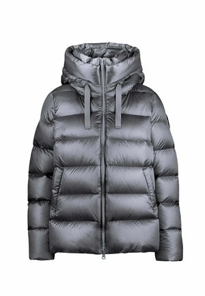 Glänzende graue gesteppte Winterjacke mit Frontreißverschluss, Kapuze, Kordelzug und seitlichen Taschen, gezeigt vor weißem Hintergrund.