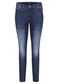 Smaljeans i mörkblå denim med en lätt blekning. Har klassisk fem-fickorsdesign, bälteshällor och en framknappsstängning.