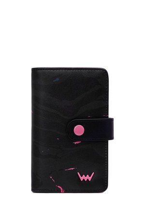 Black wallet with pink paint splatters, a snap closure, and a pink "W" logo on the front against a white background.