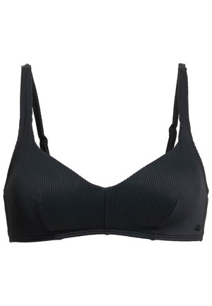 Black ribbed bra with thin adjustable straps. Smooth texture, V-neck design, and subtle seam detailing at the edges. No padding or underwire.
