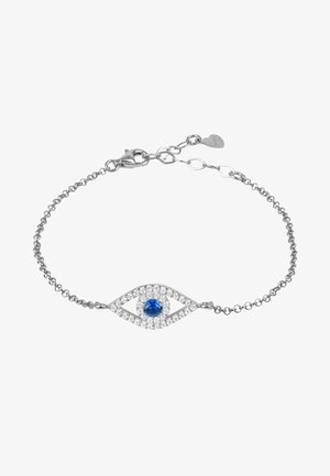 Bracelet en argent avec un design en forme d'œil, orné d'une pierre bleue au centre, entourée de petites touches scintillantes. Fermeture à chaîne réglable.