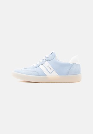 Light blue leather and suede sneakers with white accents, a rounded toe, and a textured rubber sole. Features flat laces and logo detail.