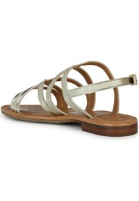 Sandalias planas con correas metálicas verde claro, una plantilla texturada marrón y una suela de goma marrón. Presenta tres correas cruzadas para mayor soporte.