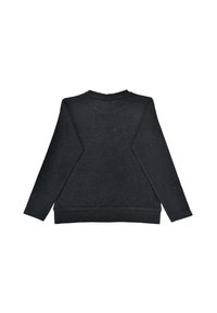 Schwarzer Pullover mit langen Ärmeln, Rundhalsausschnitt und verstreuten bunten Sprenkeln. Verfügt über einen gerippten Saum und Ärmelabschlüsse mit weicher Textur.