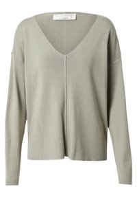 Pull à col en V et manches longues de couleur vert clair. Confectionné dans un matériau doux et texturé, avec une coupe décontractée et un détail discret de couture à l'avant.