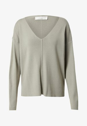 Pull à col en V et manches longues de couleur vert clair. Confectionné dans un matériau doux et texturé, avec une coupe décontractée et un détail discret de couture à l'avant.