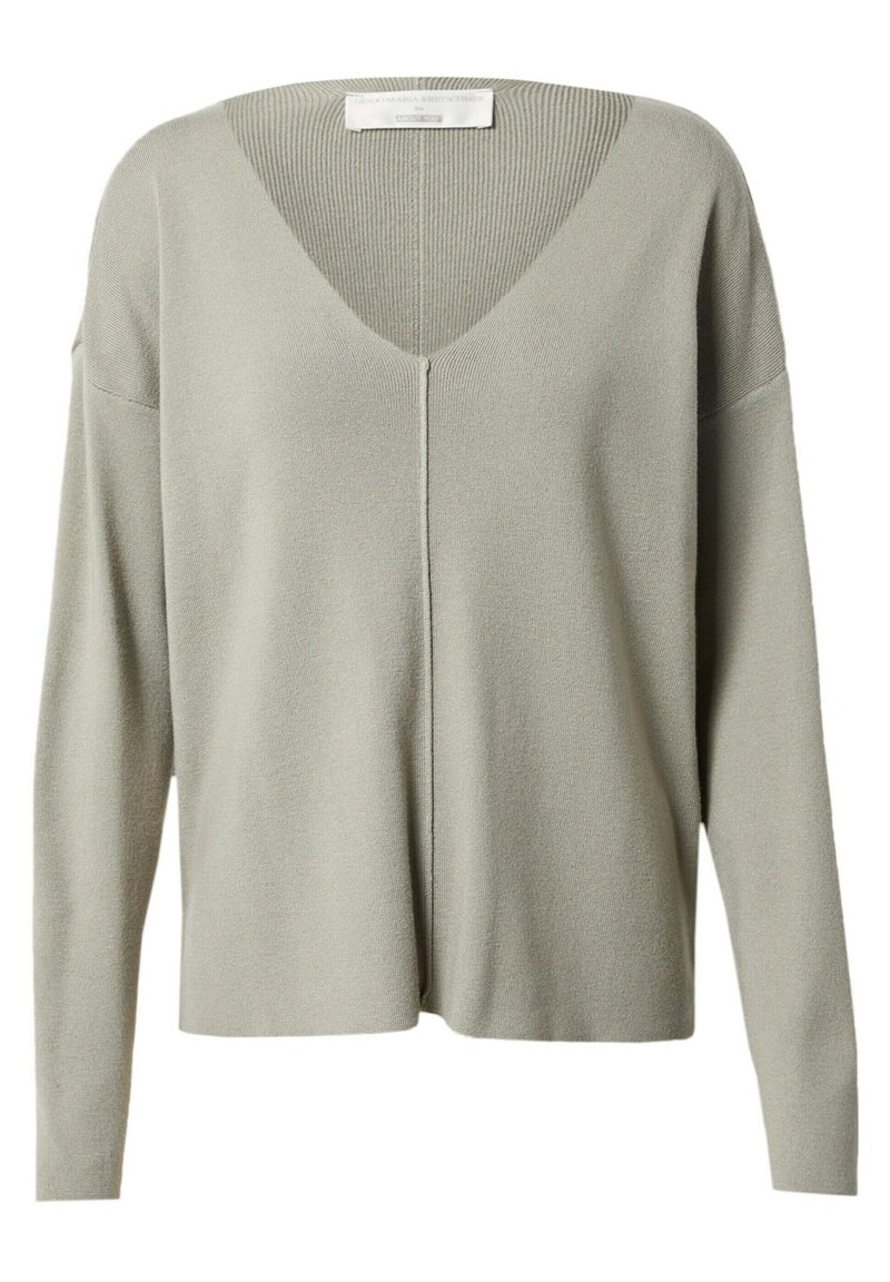 Pull à col en V et manches longues de couleur vert clair. Confectionné dans un matériau doux et texturé, avec une coupe décontractée et un détail discret de couture à l'avant.