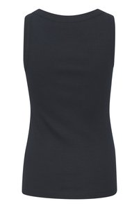 Temno mornarsko modra rebrasta majica brez rokavov z okroglo izrezom. Tkanina je gladka, oblikovana je prilegajoče in ima raven rob na pasu.