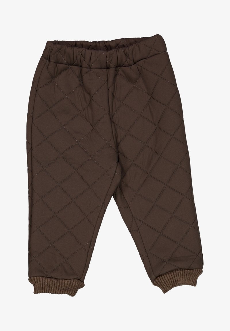 Pantalon matelassé brun avec taille élastique et poignets côtelés, conçu pour la chaleur et le confort.