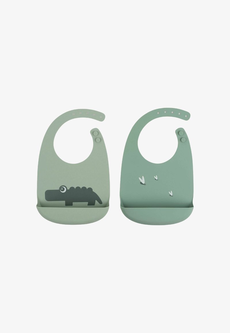 Grønne silikone smæk med et krokodille-design på det ene og flyvende insekter på det andet, med en skål til at fange krummer.