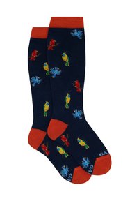 Calzini di cotone con sfondo blu navy e fantasie di pappagalli colorati in rosso, giallo e blu, con polsini e talloni arancioni.