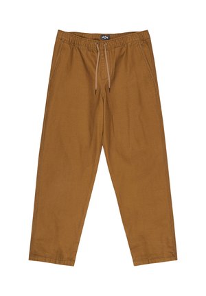 Braune, leichte Hosen aus weichem Material mit einem elastischen Bund und Kordelzug. Verfügt über vordere Seitentaschen und ein schmal zulaufendes Bein-design.