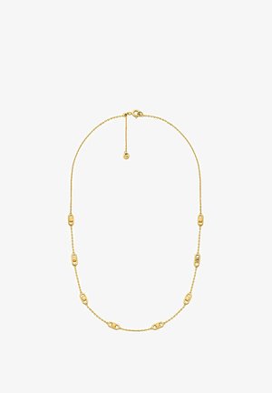 Collier en chaîne en or avec des formes ovales liées et de petits accents ronds, équipé d'une fermeture délicate et d'une longueur ajustable.