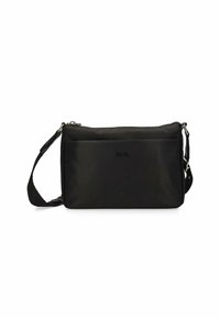Borsa a tracolla nera in nylon con chiusura a zip. Presenta una tracolla staccabile e una texture liscia con un design minimalista.