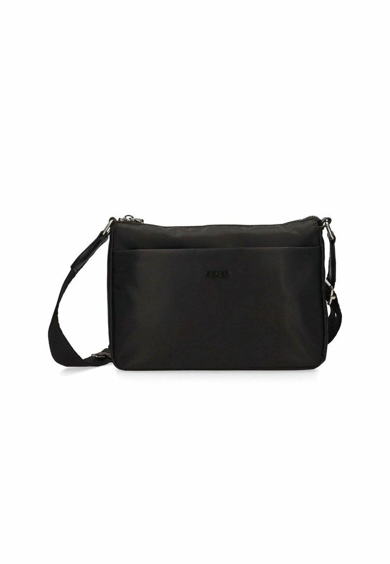 Borsa a tracolla nera in nylon con chiusura a zip. Presenta una tracolla staccabile e una texture liscia con un design minimalista.