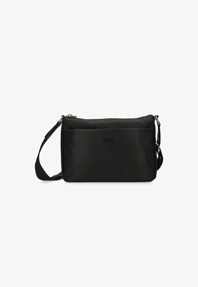 Borsa a tracolla nera in nylon con chiusura a zip. Presenta una tracolla staccabile e una texture liscia con un design minimalista.