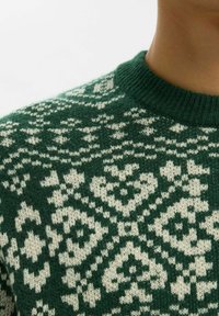 Maglione verde a maglia con motivo Fair Isle color crema, colletto rotondo e tessuto texturizzato con una finitura morbida.